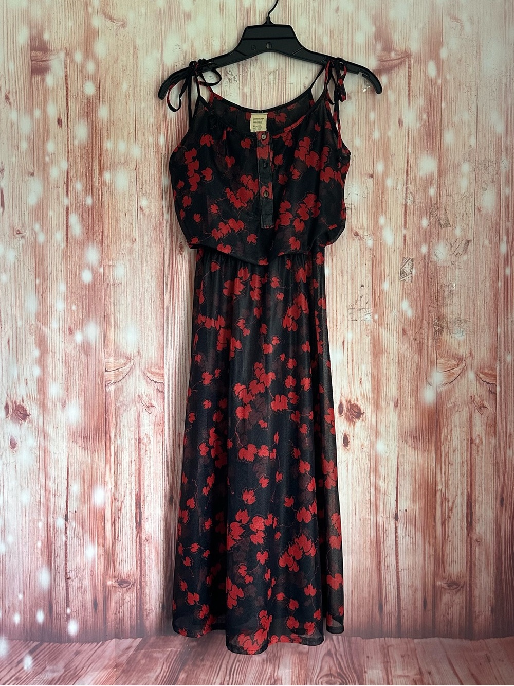 Vintage Byer Too 80s Black Red Ivy Sheer Sun Dress Midi String Ties Size 5